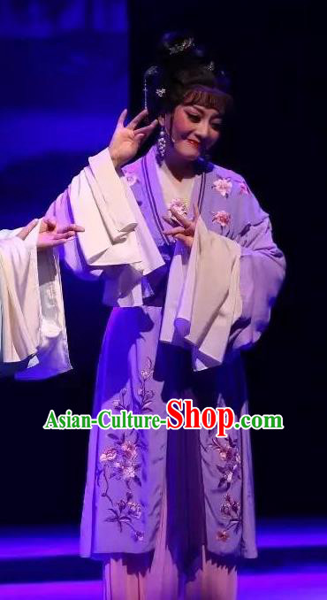 Chinese Shaoxing Opera Hua Tan Purple Dress Costumes and Headpieces He Wenxiu Yue Opera Actress Wang Lanying Garment Apparels