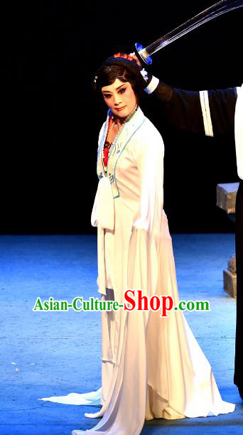 Chinese Shaoxing Opera Dan Role Garment and Headdress Wu Song Revenge Yue Opera Hua Tan Costumes Pan Jinlian White Dress Apparels