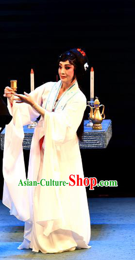 Chinese Shaoxing Opera Dan Role Garment and Headdress Wu Song Revenge Yue Opera Hua Tan Costumes Pan Jinlian White Dress Apparels