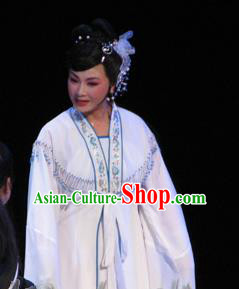 Chinese Shaoxing Opera Young Female Pan Jinlian White Dress Apparels Garment and HeadPieces Wu Song Revenge Yue Opera Hua Tan Costumes