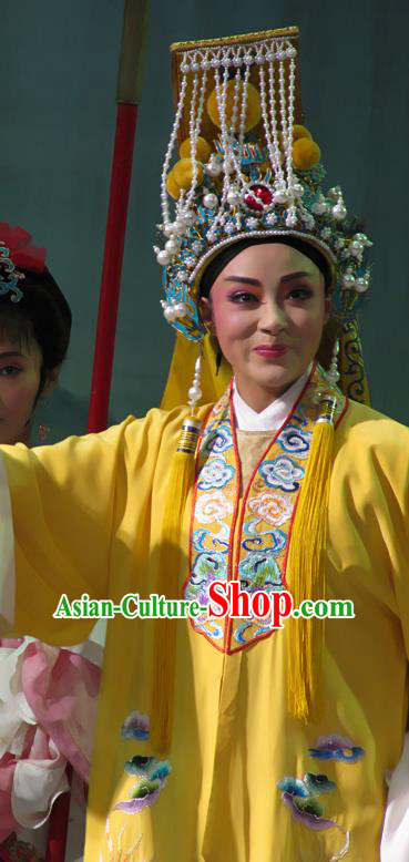 Chinese Yue Opera Niche Yellow Embroidered Robe Costumes Emperor and the Village Girl Garment and Headwear Shaoxing Opera Xiaosheng Young Male Apparels