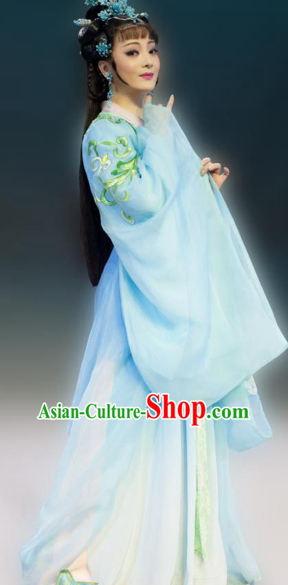 Chinese Shaoxing Opera Imperial Consort Xiang Ning Blue Dress Costumes and Headdress Butterfly Love Monk Yue Opera Hua Tan Garment Apparels
