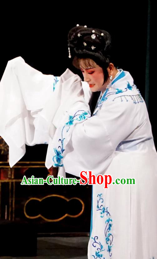 Chinese Shaoxing Opera Tsing Yi White Dress Costumes and Headpieces Golden Palace Refuse Marriage Yue Opera Distress Maiden Apparels Garment