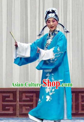 San Kan Yu Mei Chinese Ping Opera Childe Feng Jiajin Costumes and Headwear Pingju Opera Scholar Blue Robe Apparels Clothing