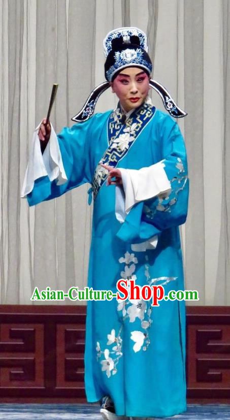 San Kan Yu Mei Chinese Ping Opera Childe Feng Jiajin Costumes and Headwear Pingju Opera Scholar Blue Robe Apparels Clothing