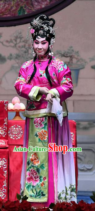 Chinese Beijing Opera Young Female Zhang Saizhu Apparels Costumes and Headdress Tell On Sargam Traditional Peking Opera Diva Rosy Dress Garment