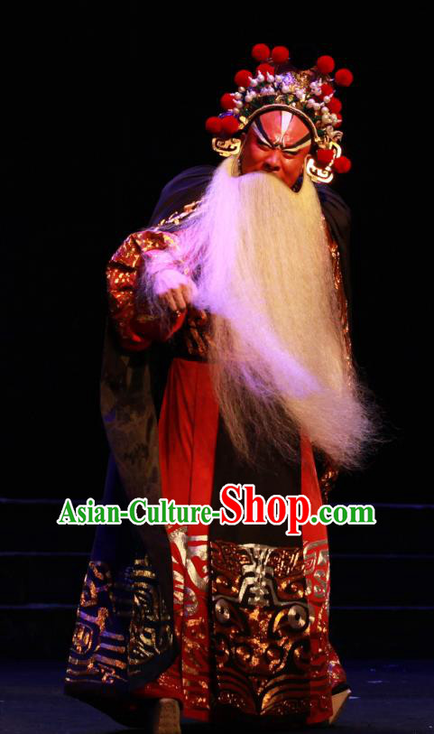 Chun Qiu Er Xu Chinese Peking Opera Elderly Male Laosheng Garment Costumes and Headwear Beijing Opera Apparels Elderly Official Wu Zixu Red Clothing