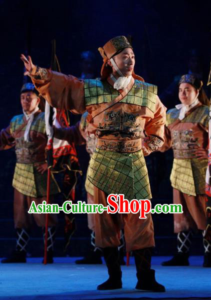 Chun Qiu Er Xu Chinese Peking Opera Takefu Garment Costumes and Headwear Beijing Opera Swordsman Apparels Soldier Clothing