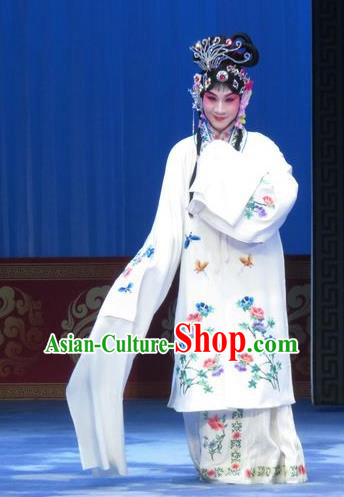 Chinese Ping Opera Diva Apparels Costumes and Headpieces Traditional Pingju Opera Lv Bu And Diao Chan Hua Tan Young Beauty White Dress Garment