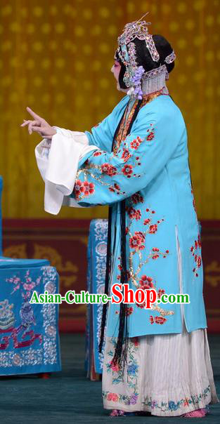 Chinese Beijing Opera Hua Tan Apparels Costumes and Headdress Tao Hua Cun Traditional Peking Opera Diva Blue Dress Actress Liu Yuyan Garment