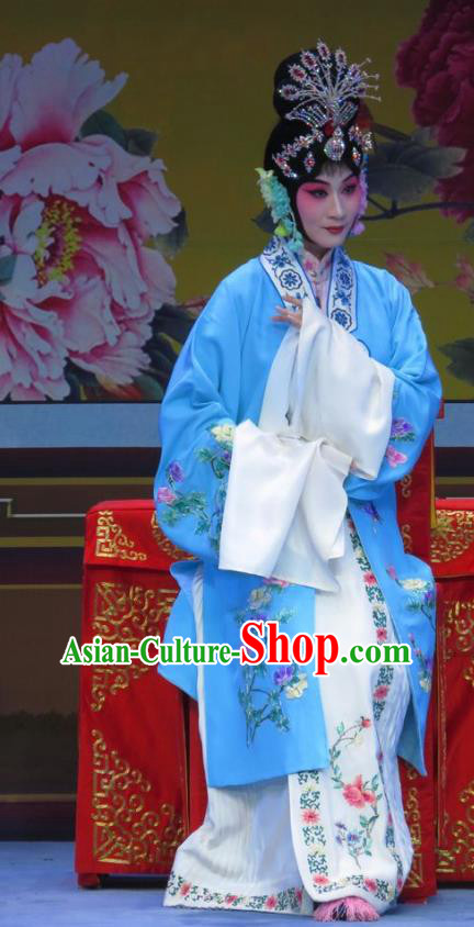 Chinese Ping Opera Diva Apparels Costumes and Headpieces Traditional Pingju Opera Lv Bu And Diao Chan Young Beauty Blue Dress Actress Garment