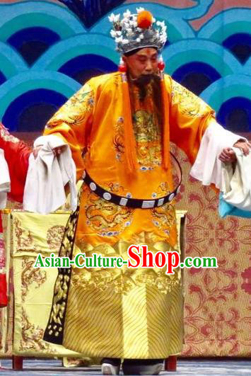 San Kan Yu Mei Chinese Ping Opera Emperor Golden Costumes and Headwear Pingju Opera Elderly Male Apparels Laosheng Clothing