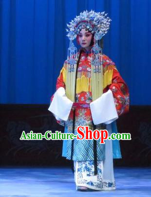 Chinese Ping Opera Hua Tan Apparels Costumes and Headdress Traditional Pingju Opera Zhou Ren Xian Sao Actress Red Dress Diva Garment