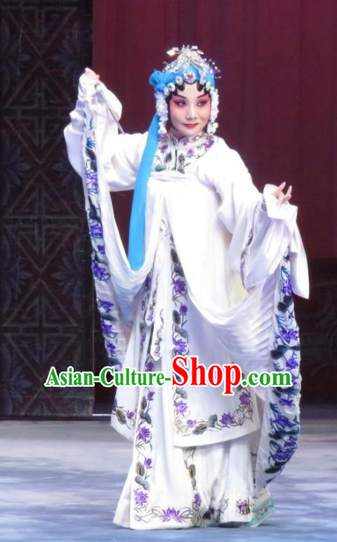 Chinese Ping Opera Diva White Apparels Costumes and Headdress Traditional Pingju Opera Zhou Ren Xian Sao Actress Distress Maiden Dress Garment