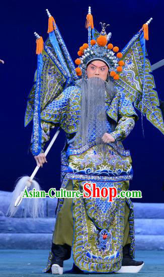 Di Qing Chinese Peking Opera Military Officer Kao Suit Garment Costumes and Headwear Beijing Opera Takefu Apparels General Yang Zongbao Armor with Flags Clothing