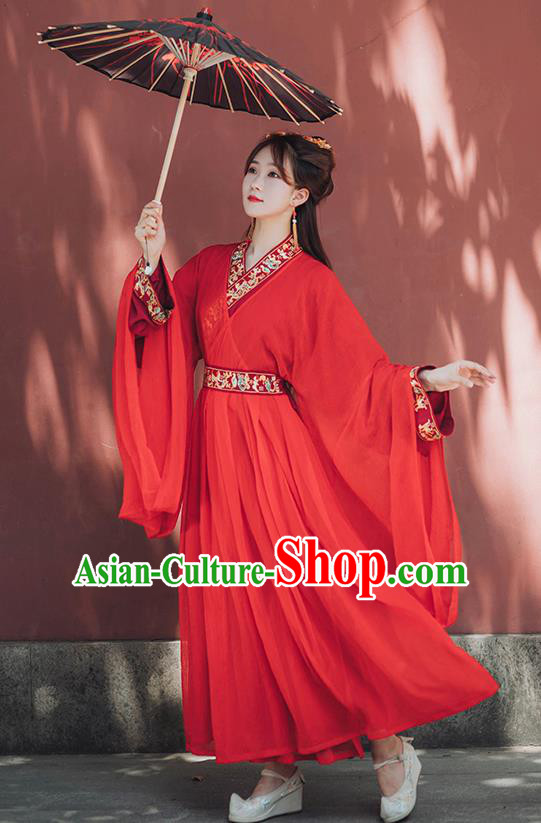 Chinese Ancient Bride Red Hanfu Dress Garment Traditional Jin Dynasty Royal Princess Wedding Historical Costumes Complete Set