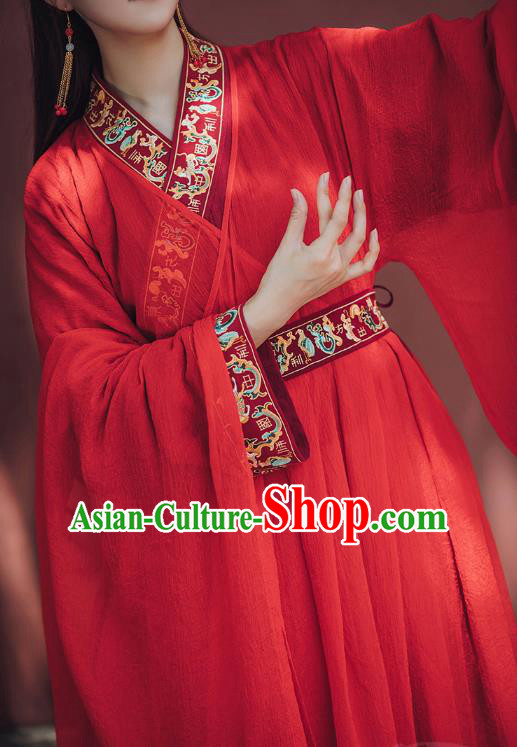 Chinese Ancient Bride Red Hanfu Dress Garment Traditional Jin Dynasty Royal Princess Wedding Historical Costumes Complete Set