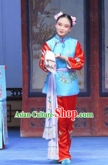 Chinese Ping Opera Maidservant Apparels Costumes and Headdress Traditional Pingju Opera Tao Li Mei Xiaodan Young Lady Dress Garment