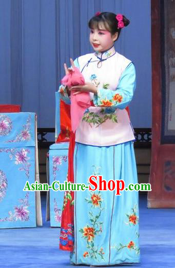 Chinese Ping Opera Servant Girl Apparels Costumes and Headdress Traditional Pingju Opera Tao Li Mei Maidservant Dress Garment