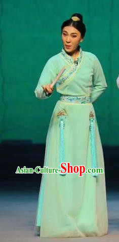 Chinese Ping Opera Actress Young Lady Apparels Costumes and Headpieces Traditional Pingju Opera The Butterfly Lovers Diva Zhu Yingtai Green Dress Garment
