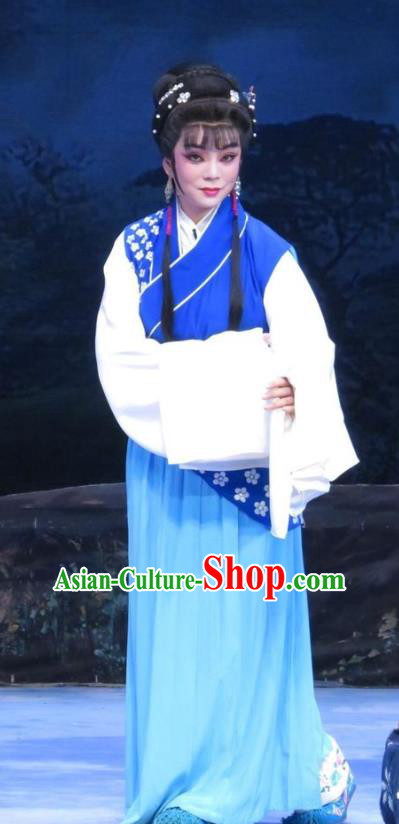 Chinese Ping Opera Young Female Li Hua Apparels Costumes and Headpieces Traditional Pingju Opera Pear Blossom Love Country Lady Blue Dress Garment