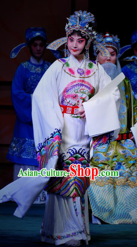 Chinese Beijing Opera Diva Apparels Costumes and Headdress Xie Yaohuan Traditional Peking Opera Female Official White Dress Actress Garment