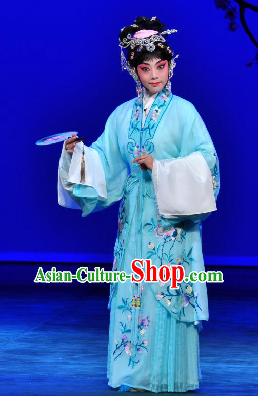 Chinese Beijing Opera Young Female Apparels Diva Costumes and Headdress Xie Yaohuan Traditional Peking Opera Hua Tan Blue Dress Garment