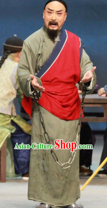 Jin Lv Qu Chinese Peking Opera Elderly Male Garment Costumes and Headwear Beijing Opera Scholar Apparels Qing Dynasty Prisoner Wu Zhaoqian Clothing