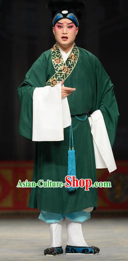 The Oil Vendor and His Pretty Bride Chinese Ping Opera Xiaosheng Garment Costumes and Headwear Pingju Opera Young Male Qin Zhong Green Apparels Clothing