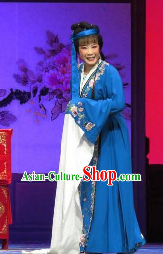 Chinese Ping Opera Tsing Yi Zhang Shangzhu Apparels Costumes and Headpieces Tell on Sargam Traditional Pingju Opera Distress Maiden Blue Dress Garment