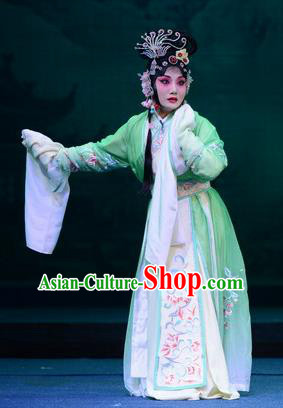 Chinese Ping Opera Young Beauty Apparels Costumes and Headpieces Da Song Zhong Yi Zhuan Traditional Pingju Opera Diva Kou Zhu Green Dress Garment