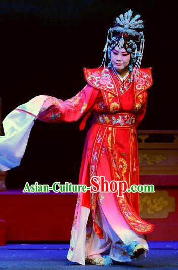 Chinese Ping Opera Empress Apparels Costumes and Headpieces Da Song Zhong Yi Zhuan Traditional Pingju Opera Diva Liu E Red Dress Garment