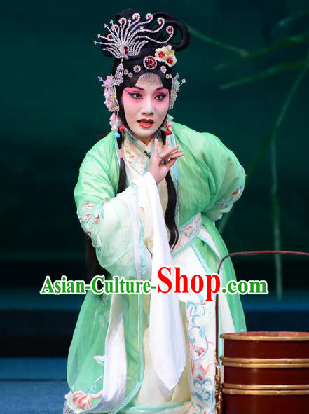 Chinese Ping Opera Young Beauty Apparels Costumes and Headpieces Da Song Zhong Yi Zhuan Traditional Pingju Opera Diva Kou Zhu Green Dress Garment