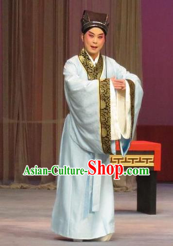 Southeast Fly the Peacocks Chinese Ping Opera Scholar Garment Costumes and Headwear Pingju Opera Xiaosheng Jiao Zhongqing Apparels Clothing