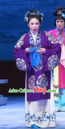 Chinese Ping Opera Elderly Female Apparels Costumes and Headpieces Tell on Sargam Traditional Pingju Opera Dame Purple Dress Garment