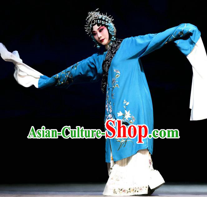Chinese Beijing Opera Distress Maiden Apparels Hua Tan Costumes and Headdress Han Yuniang Traditional Peking Opera Diva Blue Dress Young Female Garment