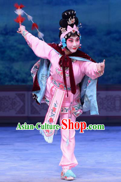 Chinese Beijing Opera Martial Female Apparels Costumes and Headdress San Da Tao Sanchun Traditional Peking Opera Wudan Dress Swordswoman Pink Garment