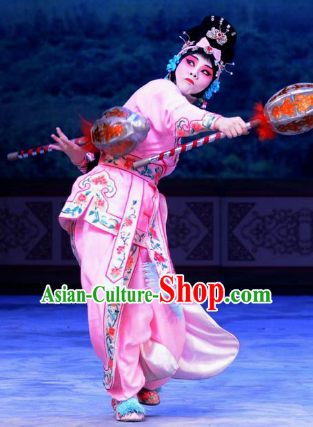 Chinese Beijing Opera Martial Female Apparels Costumes and Headdress San Da Tao Sanchun Traditional Peking Opera Wudan Dress Swordswoman Pink Garment