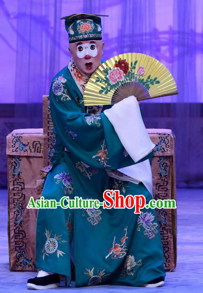 Han Yuniang Chinese Peking Opera Dude Garment Costumes and Headwear Beijing Opera Bully Apparels Clown Hu Wei Green Robe Clothing
