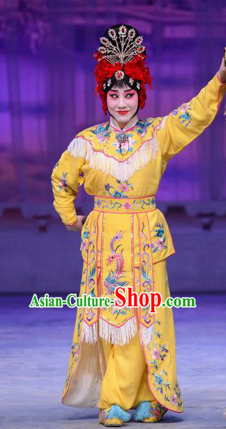 Chinese Beijing Opera Young Woman Apparels Costumes and Headdress San Da Tao Sanchun Traditional Peking Opera Martial Female Yellow Dress Garment