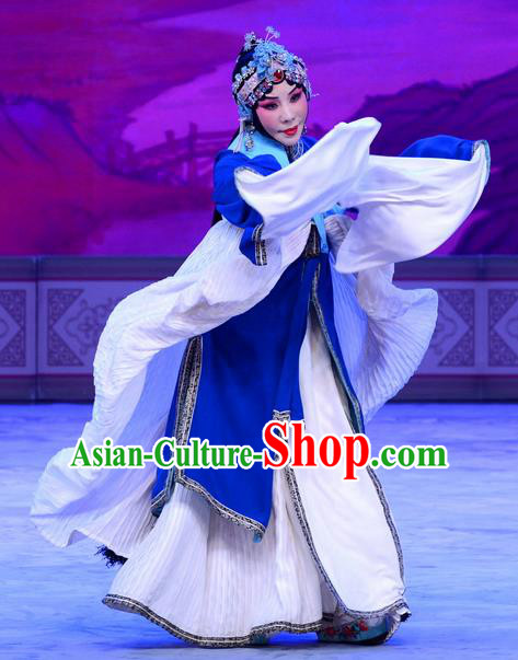 Chinese Beijing Opera Tsing Yi Apparels Actress Costumes and Headdress Han Yuniang Traditional Peking Opera Distress Maiden Blue Dress Actress Garment