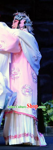 Chinese Beijing Opera Hua Tan Apparels Costumes and Headdress On A Wall and Horse Traditional Peking Opera Rich Lady Pink Dress Actress Li Qianjun Garment
