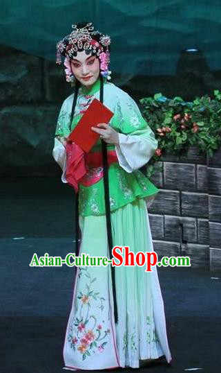 Chinese Beijing Opera Xiaodan Apparels Costumes and Headdress On A Wall and Horse Traditional Peking Opera Young Lady Dress Servant Girl Garment
