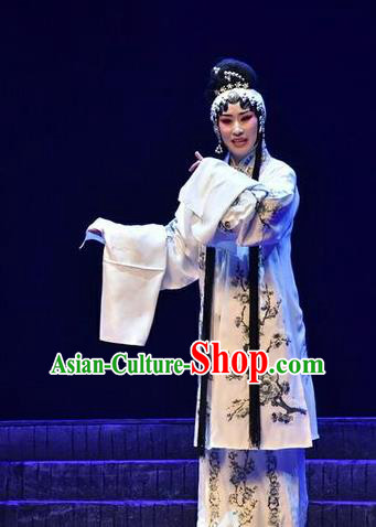 Chinese Beijing Opera Young Female Apparels Qing Tian Dao Costumes and Headpieces Traditional Peking Opera Distress Maiden White Dress Diva Garment