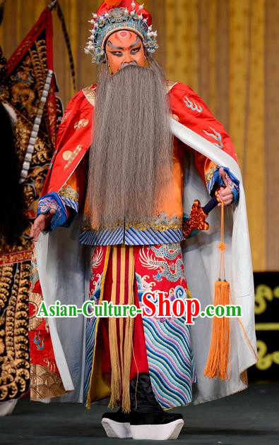 Jiu Jiang Kou Chinese Peking Opera King Garment Costumes and Headwear Beijing Opera Laosheng Apparels Elderly Male Chen Youliang Clothing