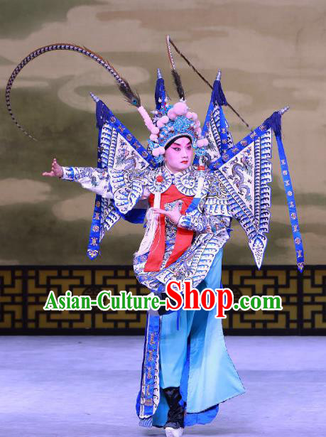 Jiu Jiang Kou Chinese Peking Opera Young General Garment Costumes and Headwear Beijing Opera Wusheng Apparels Martial Male Hua Yunlong Kao Armor Suit with Flags Clothing