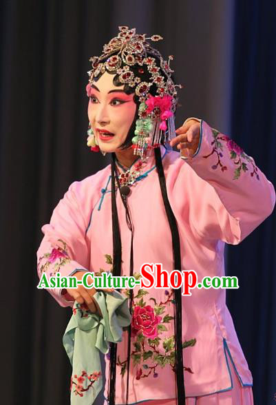 Chinese Beijing Opera Xiaodan Apparels Ba Zhen Tang Costumes and Headpieces Traditional Peking Opera Young Lady Chun Lan Pink Dress Garment