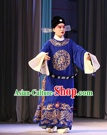 Ba Zhen Tang Chinese Peking Opera Young Male Garment Costumes and Headwear Beijing Opera Official Zhou Ziqing Apparels Niche Clothing