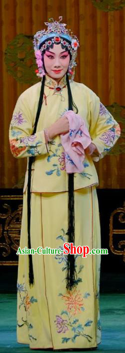 Chinese Beijing Opera Young Lady Apparels Ba Zhen Tang Costumes and Headpieces Traditional Peking Opera Maidservant Chun Lan Yellow Dress Garment