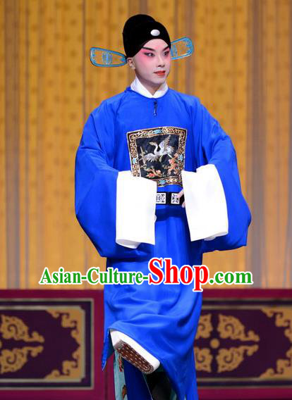 Qi Shuang Hui Chinese Peking Opera Young Male Garment Costumes and Headwear Beijing Opera Xiaosheng Apparels Official Zhao Chong Clothing